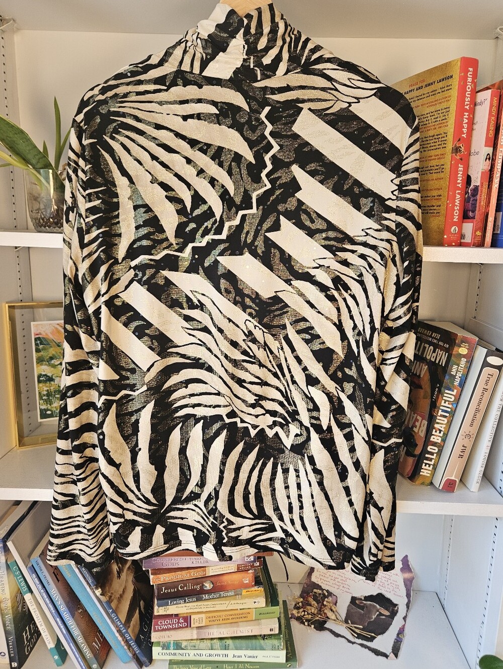 Vintage Joseph Ribkoff Blouse Zebra Print Black Cream Gold Top Size XL / 16 Glam - Picture 6 of 7
